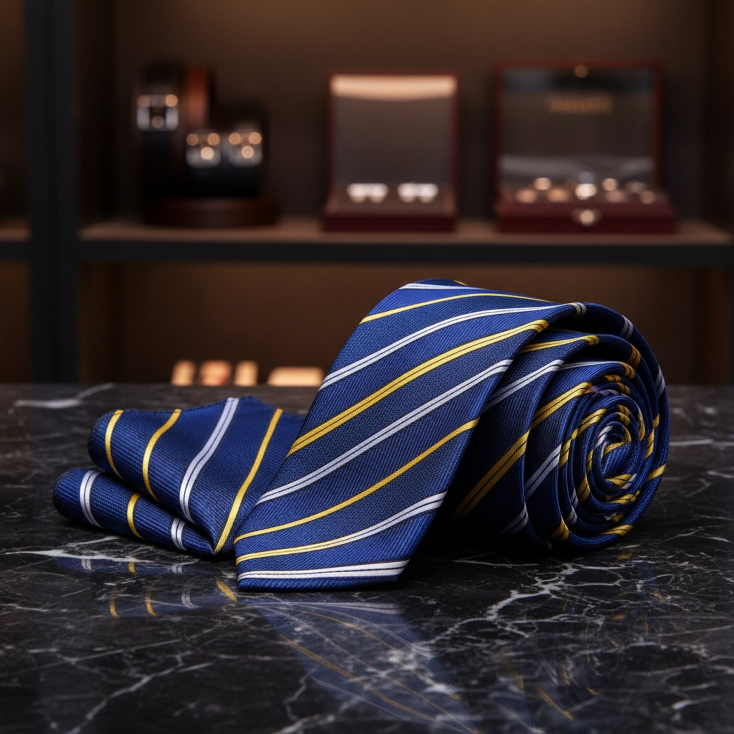 Alt Blue, Yellow Gold and White Stripe Necktie and Square