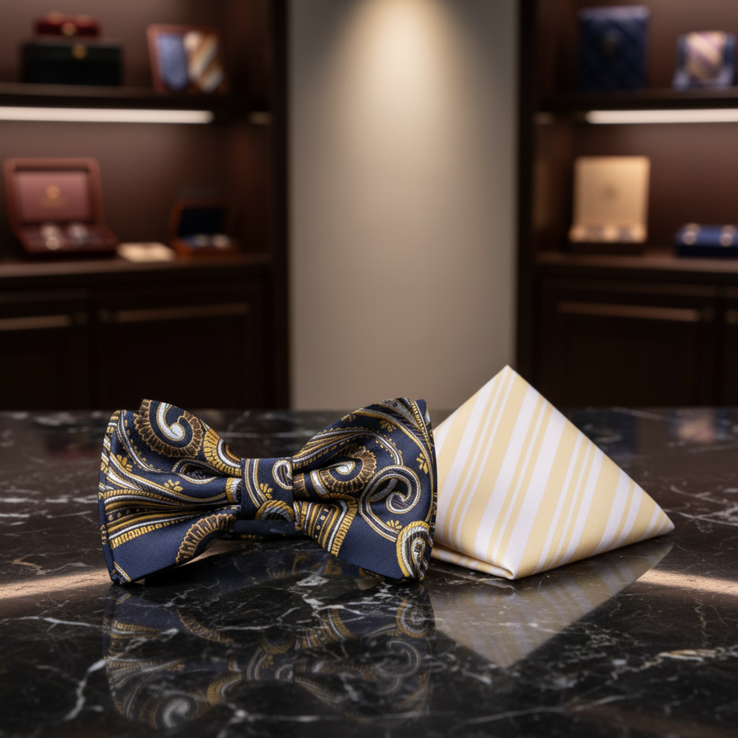 Blue and Gold Paisley Bow Tie wit hYellow Stripe Square