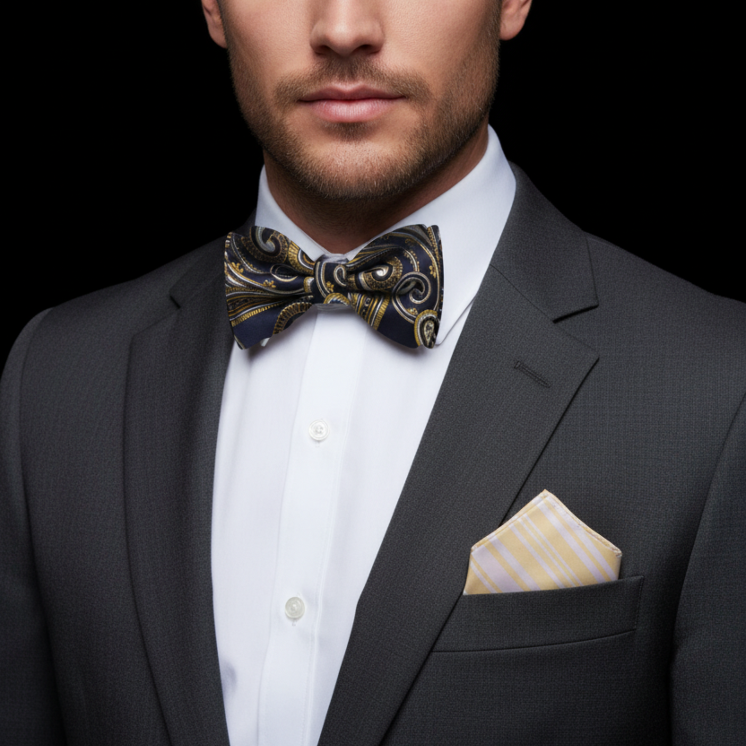 Man wearing a dark suit with a patterned bow tie and striped pocket square on a black background
