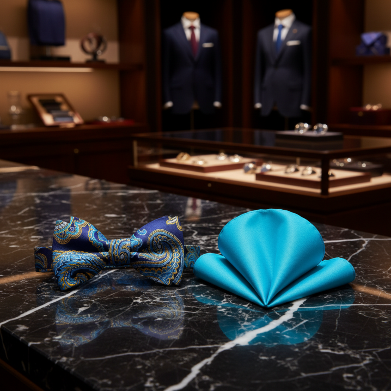 Blue, Yellow Paisley Self Tie Bow Tie and Accenting Light Blue Square