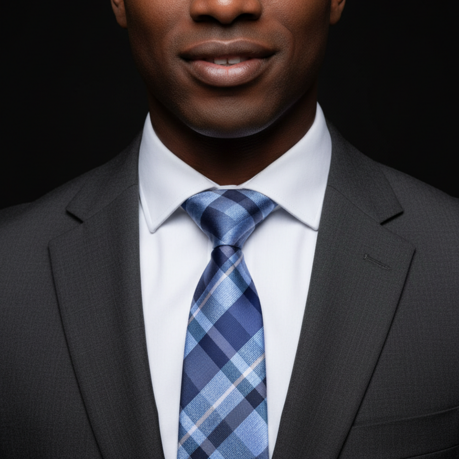 Man wearing a gray suit with a blue plaid tie against a black background