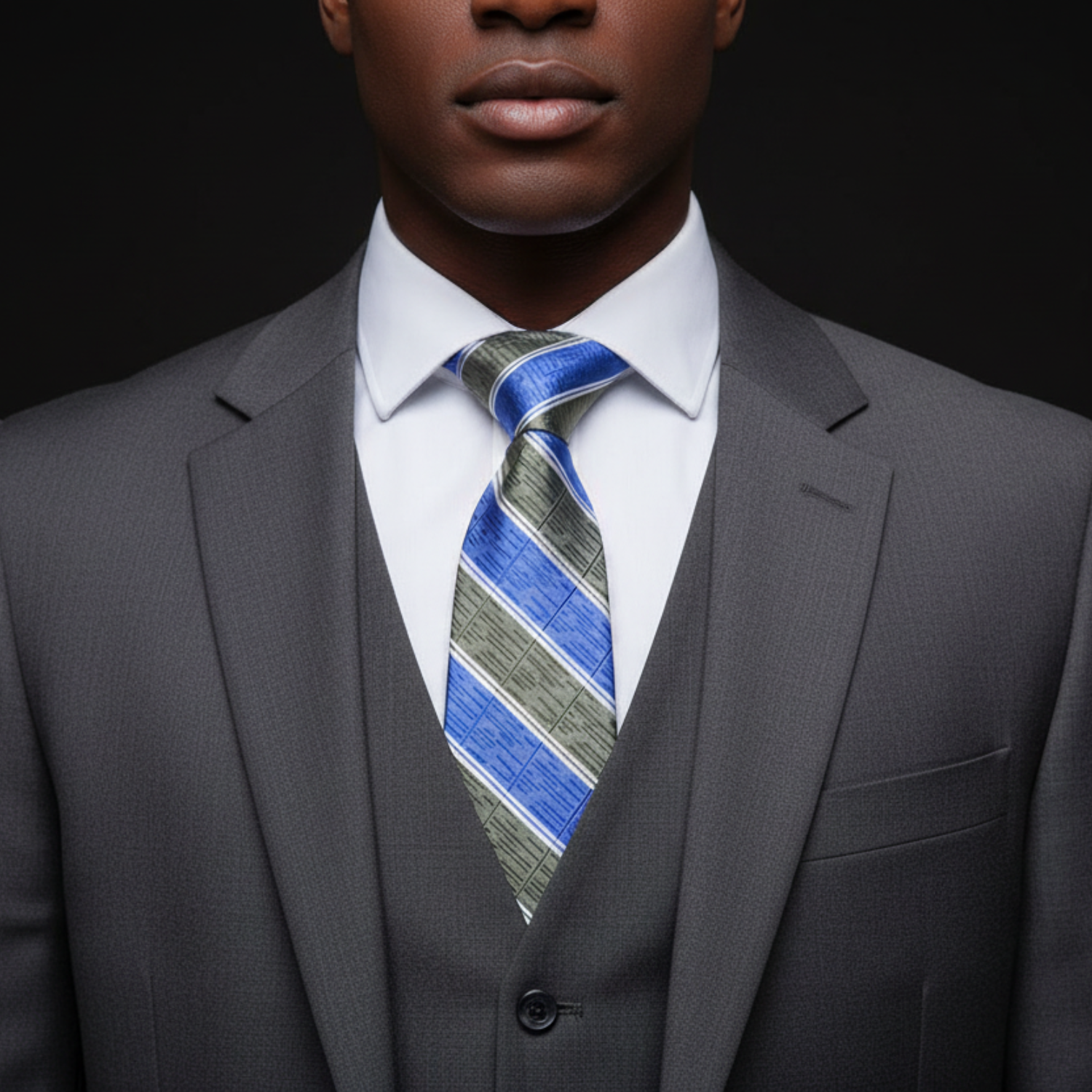 Man wearing a gray suit with a blue and green gray striped tie on a black background
