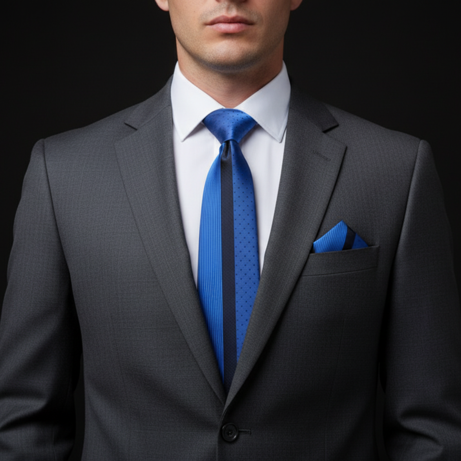 Man wearing a gray suit with a blue tie and pocket square on a black background