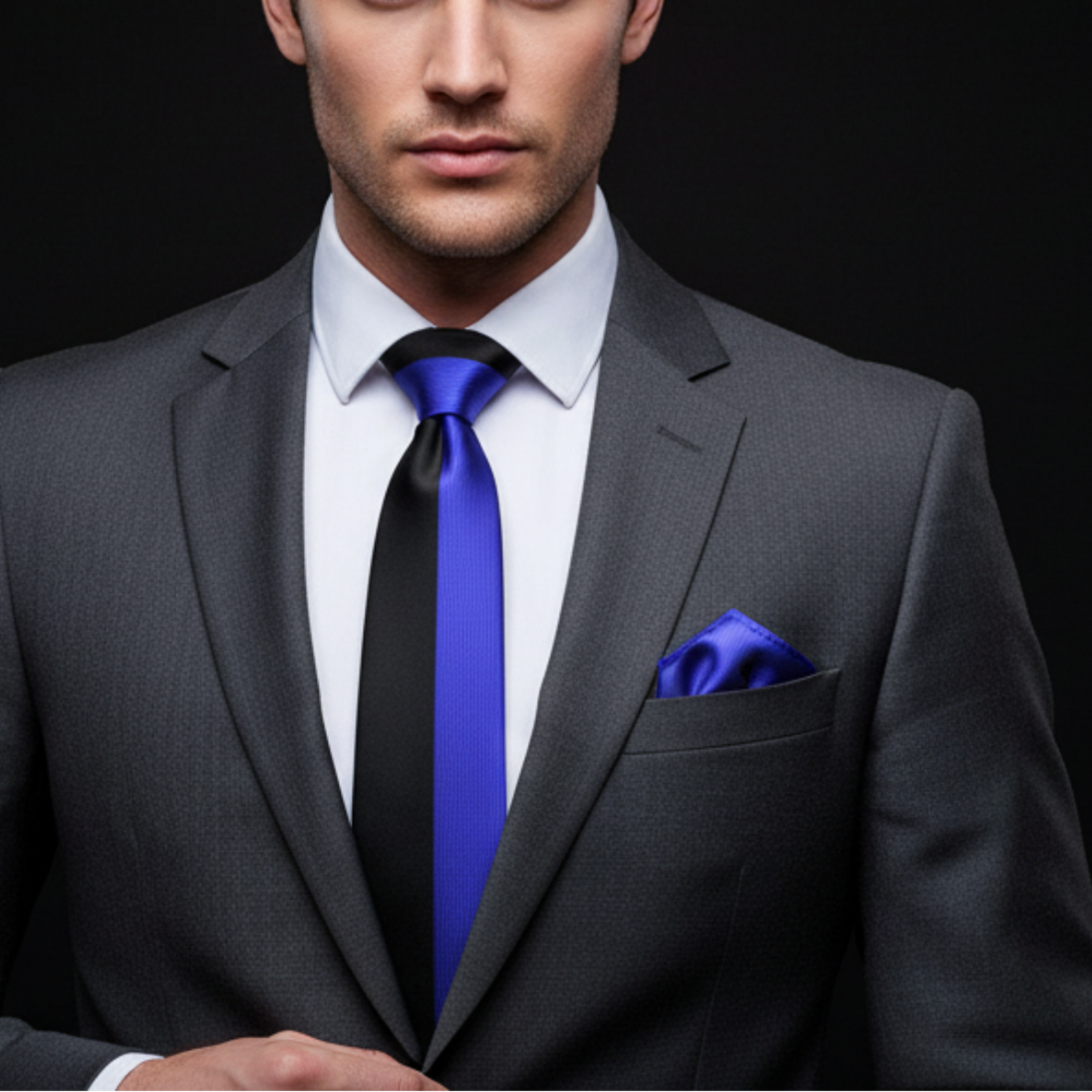 Man wearing a gray suit with a blue tie and pocket square on a black background