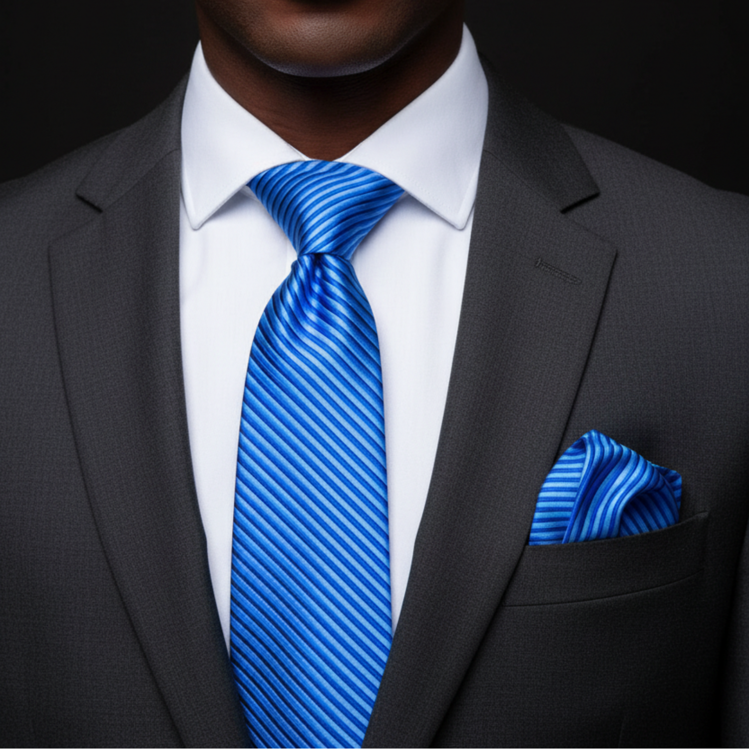 Man wearing a gray suit with a blue striped tie and matching pocket square on a black background