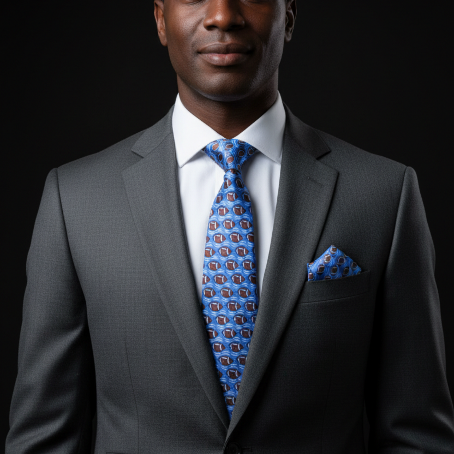 Man wearing a gray suit with a blue patterned tie and pocket square on a black background