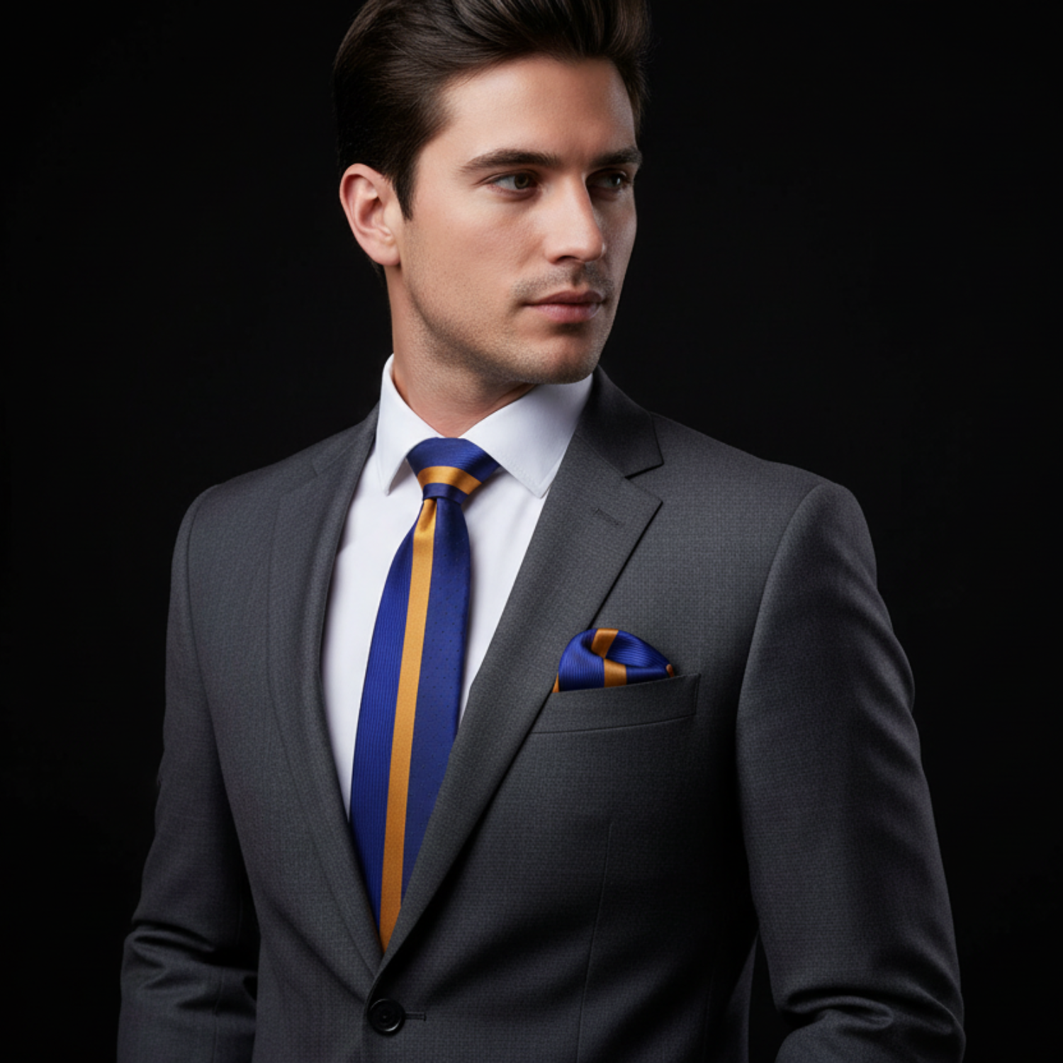 Man wearing blue and gold stripe tie and square 