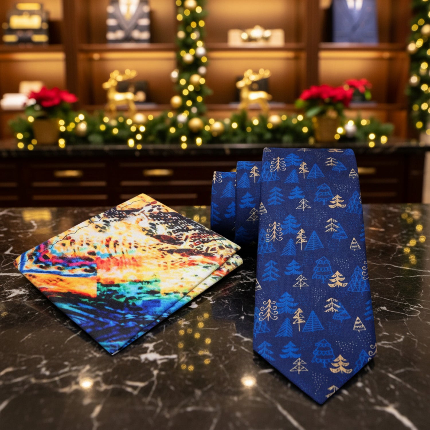 Alt Blue Gold Christmas Trees Necktie and Abstract Pocket Square