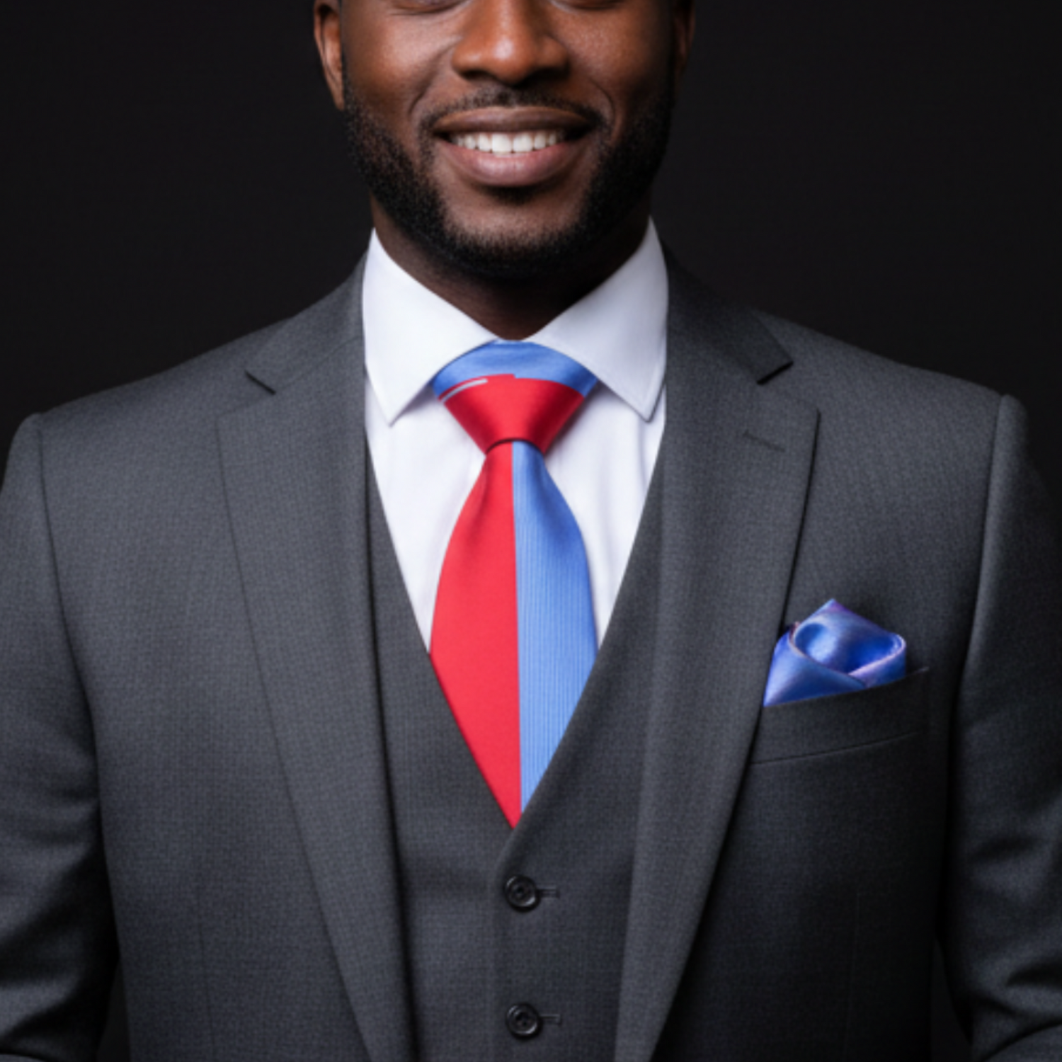 Man in a gray suit with a red tie and blue pocket square on a black background