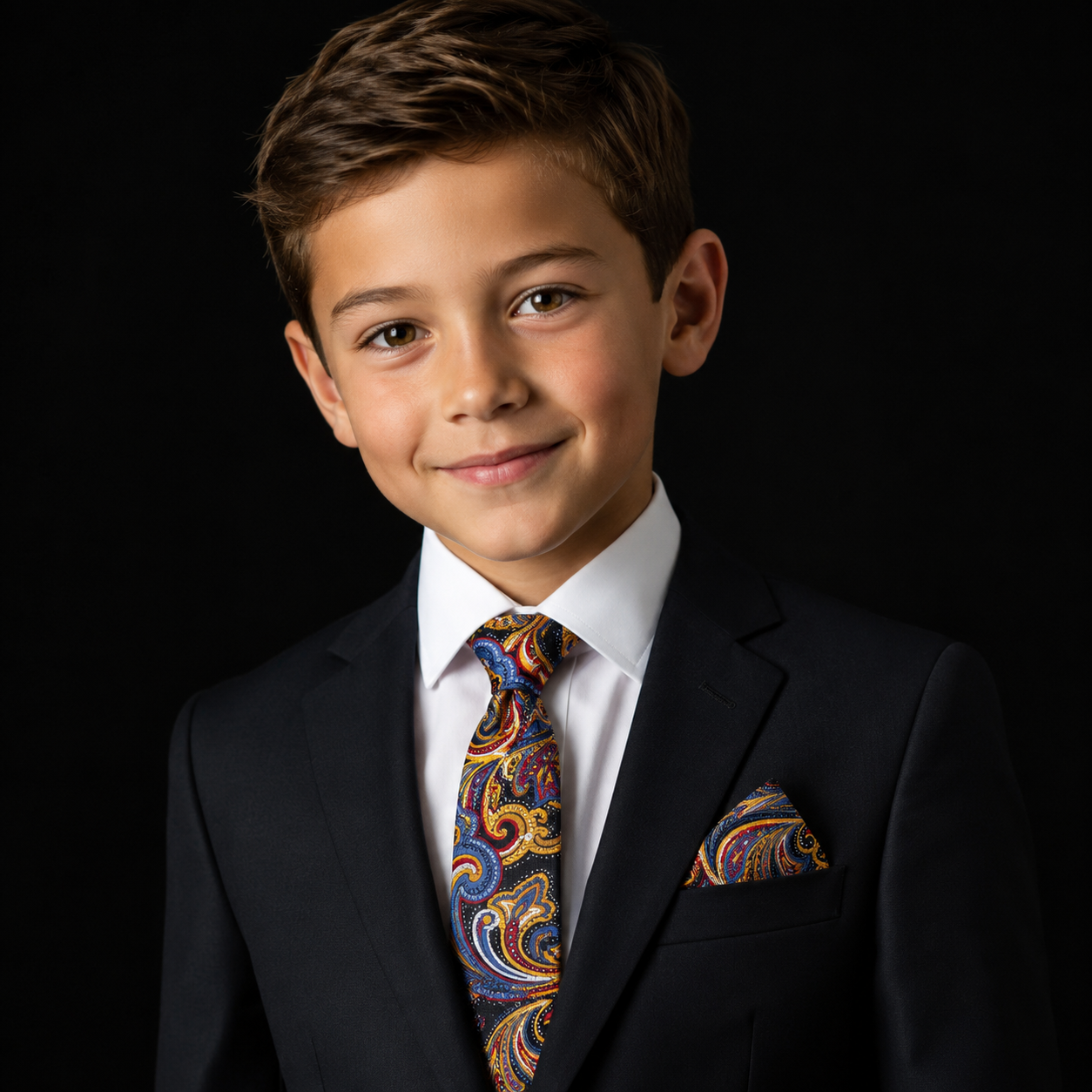 Young boy in a suit with a colorful tie and pocket square on a black background
