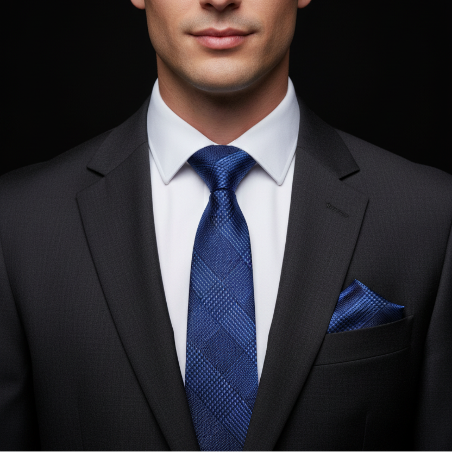 Man wearing a black suit with a blue tie and pocket square on a black background