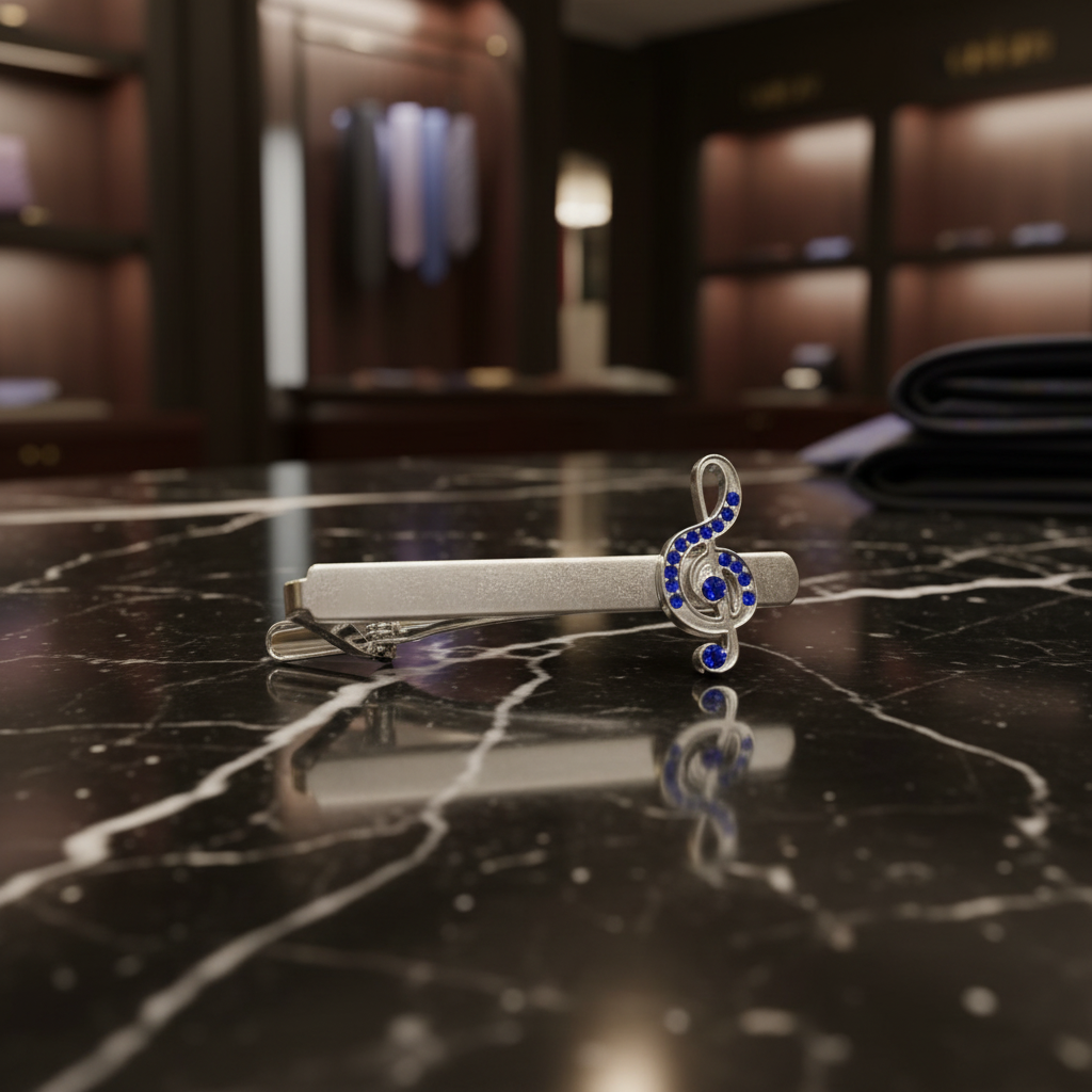 Blue Stone Treble Clef Tie Bar and Cufflinks Set