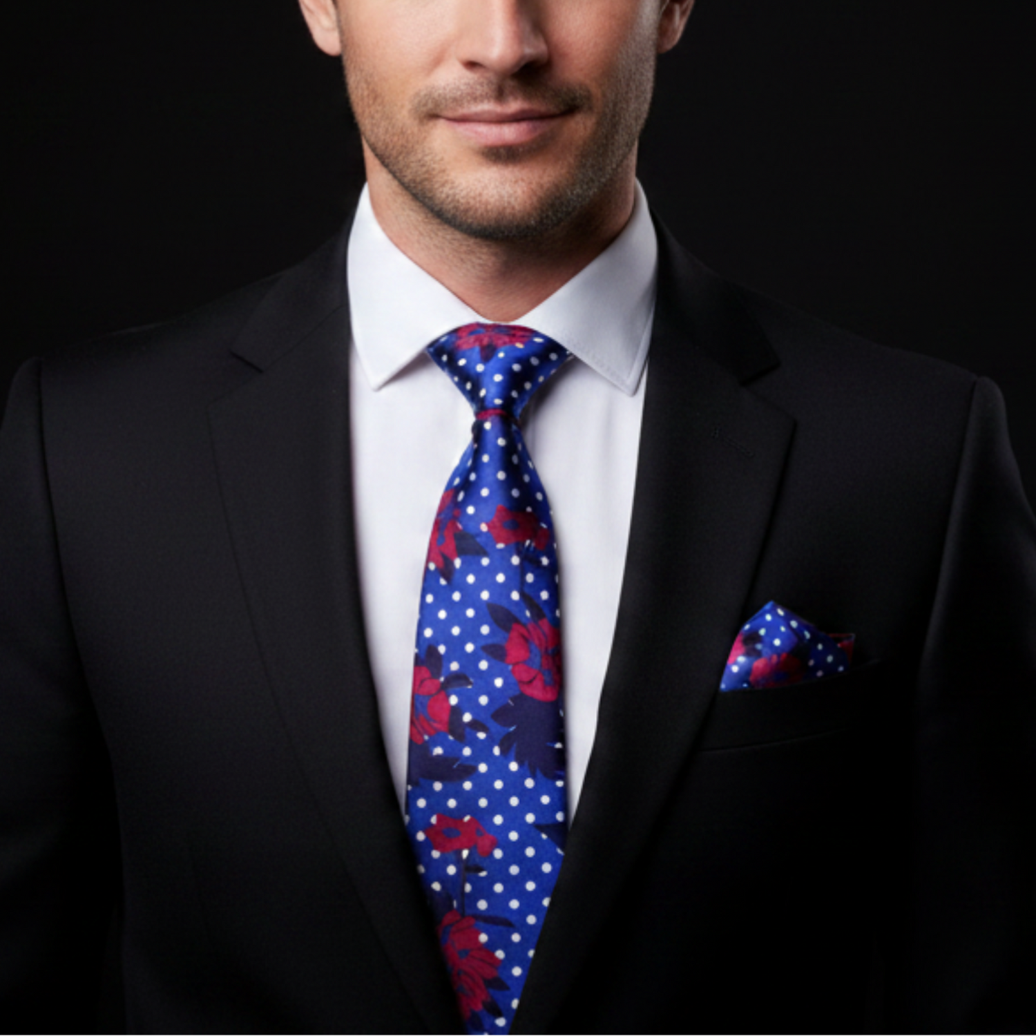 Man wearing a black suit with a blue tie and matching pocket square on a black background