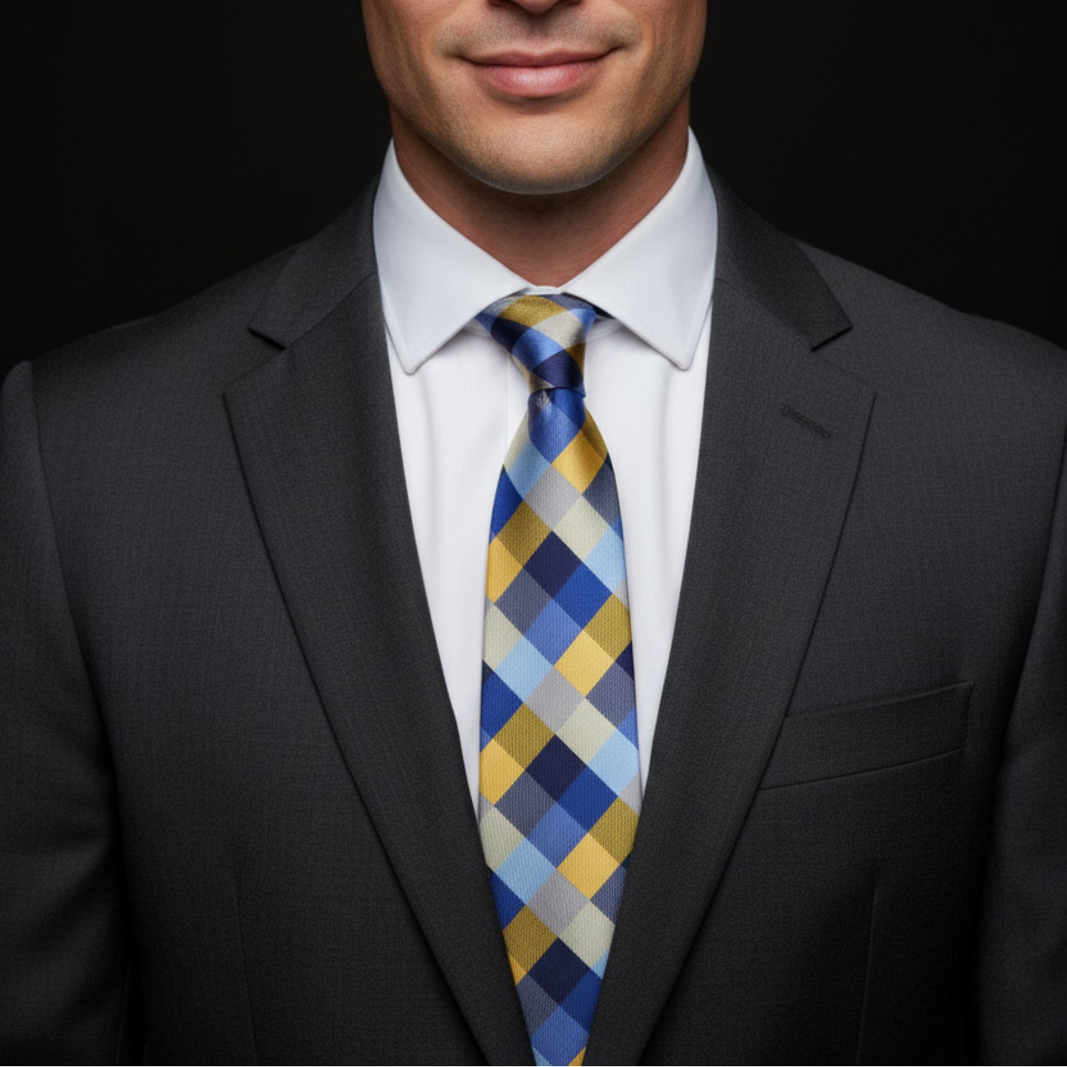 Man wearing a dark suit with a colorful tie against a black background