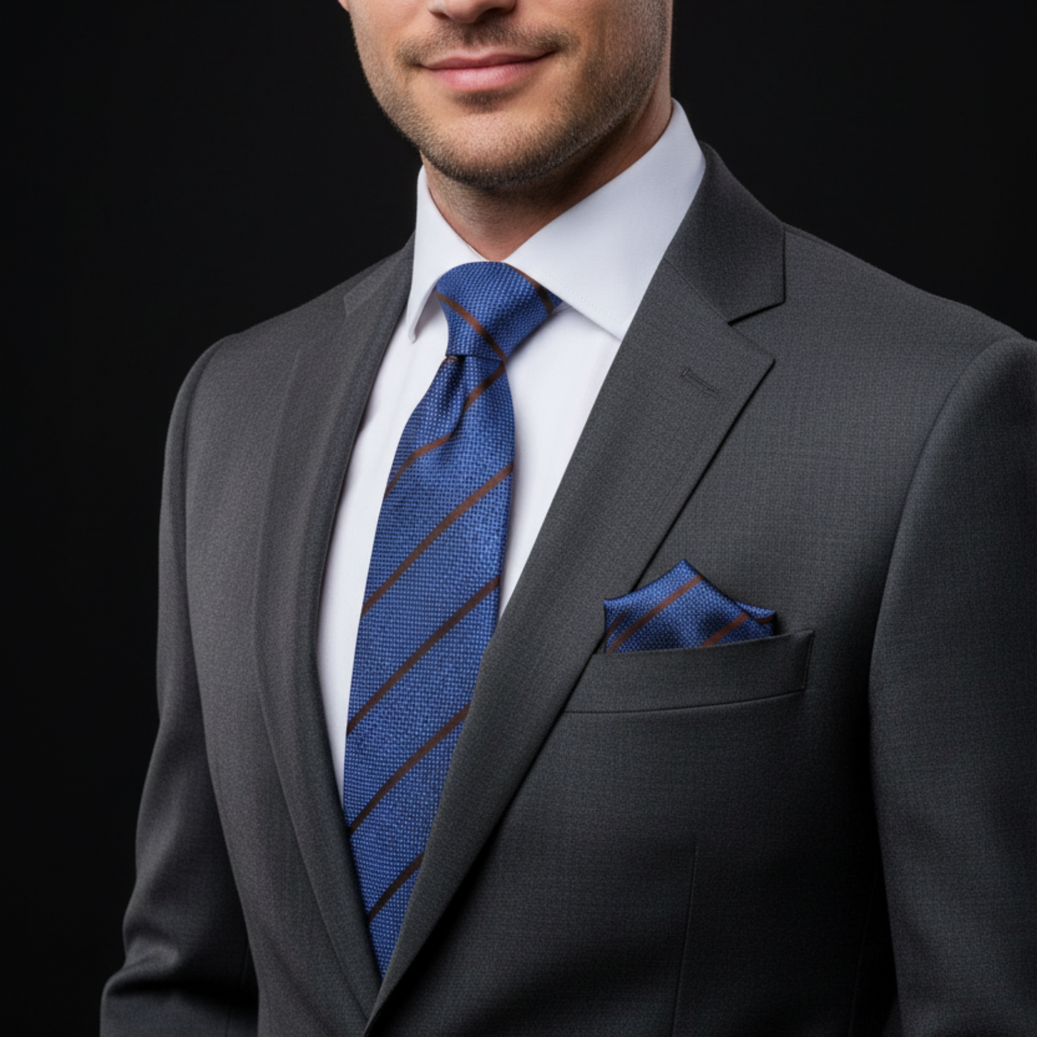 Man wearing a gray suit with a blue striped tie and pocket square on a black background