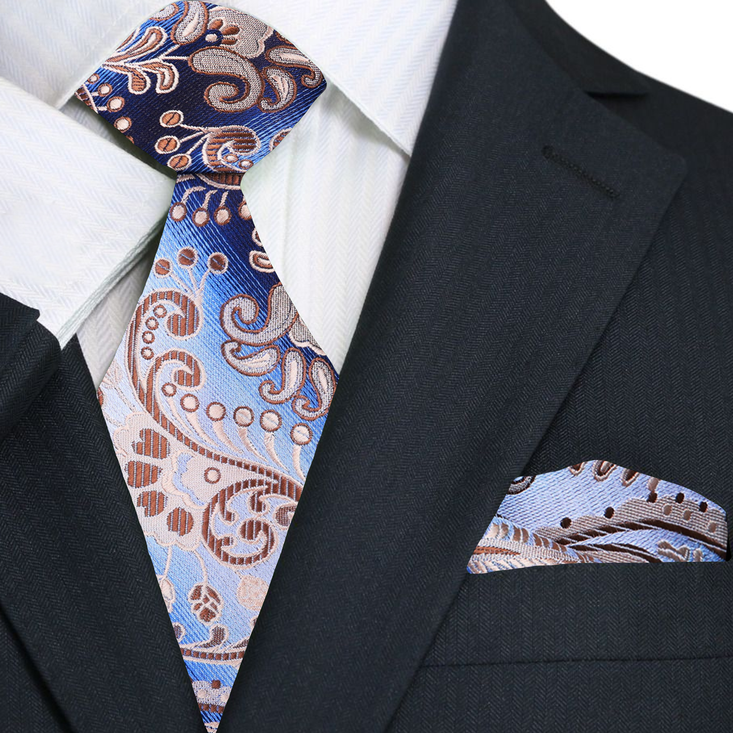 A Light Blue, Blue, Brown Paisley Pattern Necktie, Matching Pocket Square