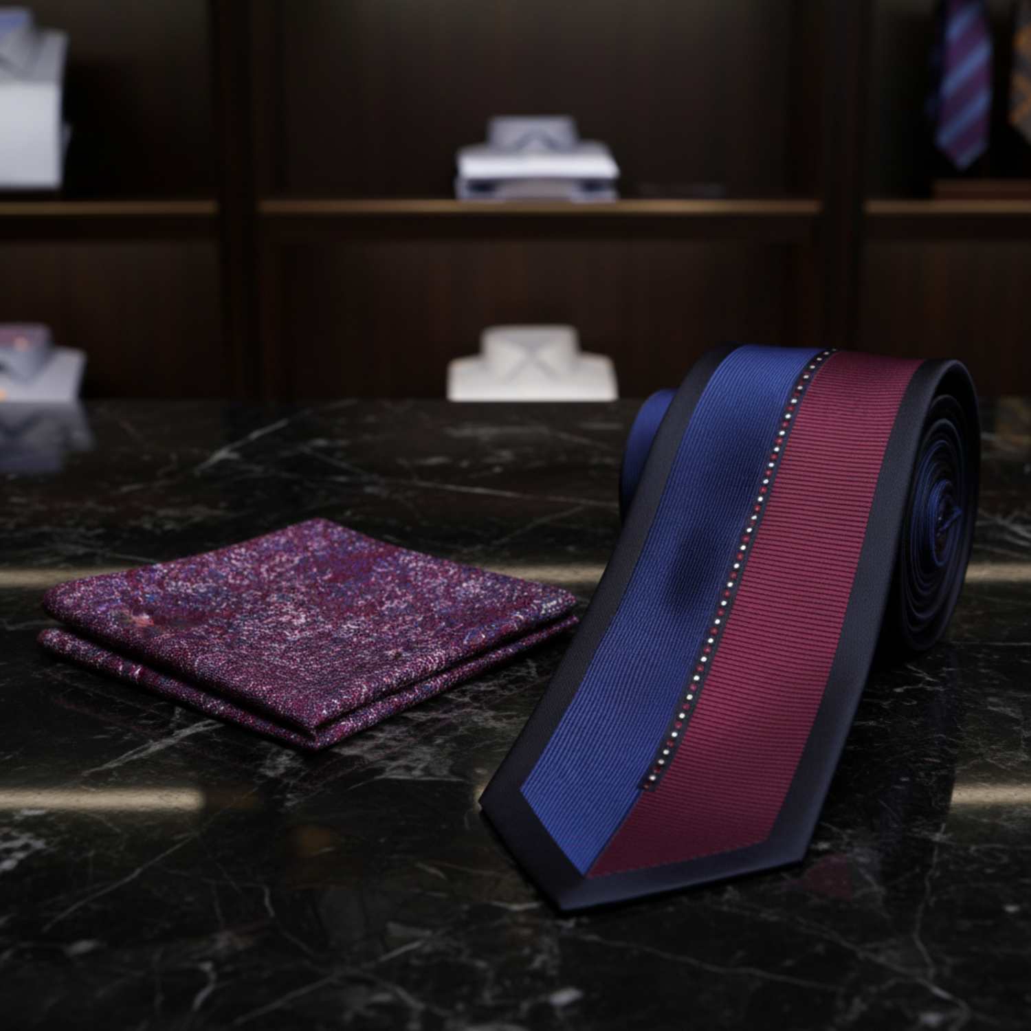 Blue and Burgundy Lucky Necktie and Accenting Square View 2