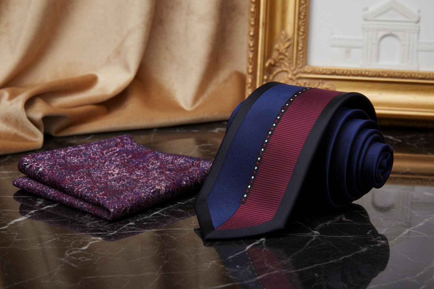 Navy and burgundy striped tie with matching pocket square on a white background