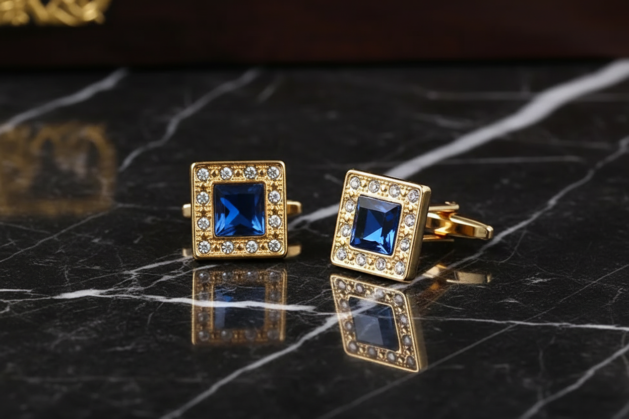 View 2: Gold and Blue Square Cufflinks