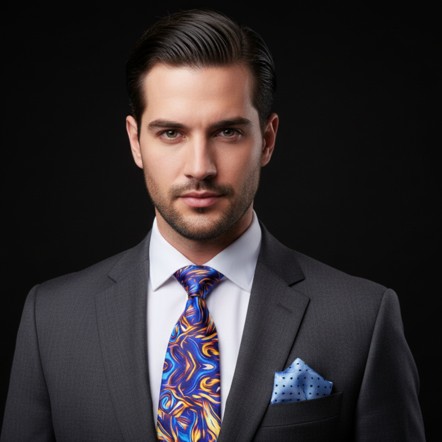 Man wearing a gray suit with a Blue and Gold Swirl Necktie and pocket square on a black background