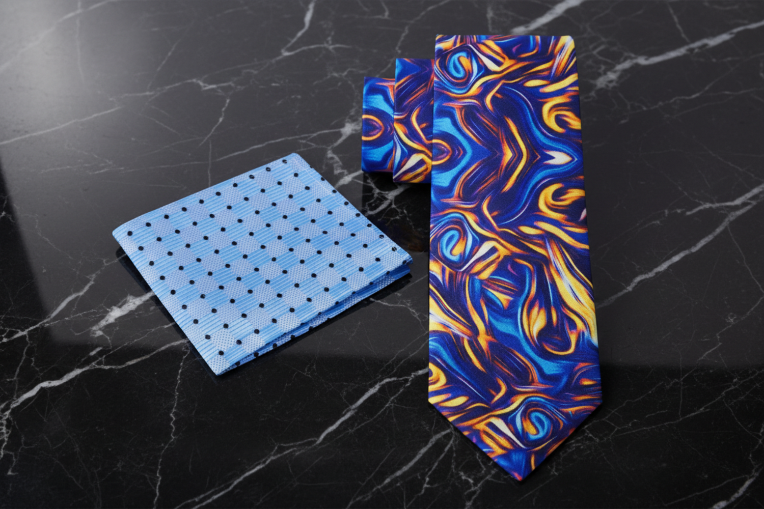 Colorful tie with abstract pattern and blue polka dot pocket square