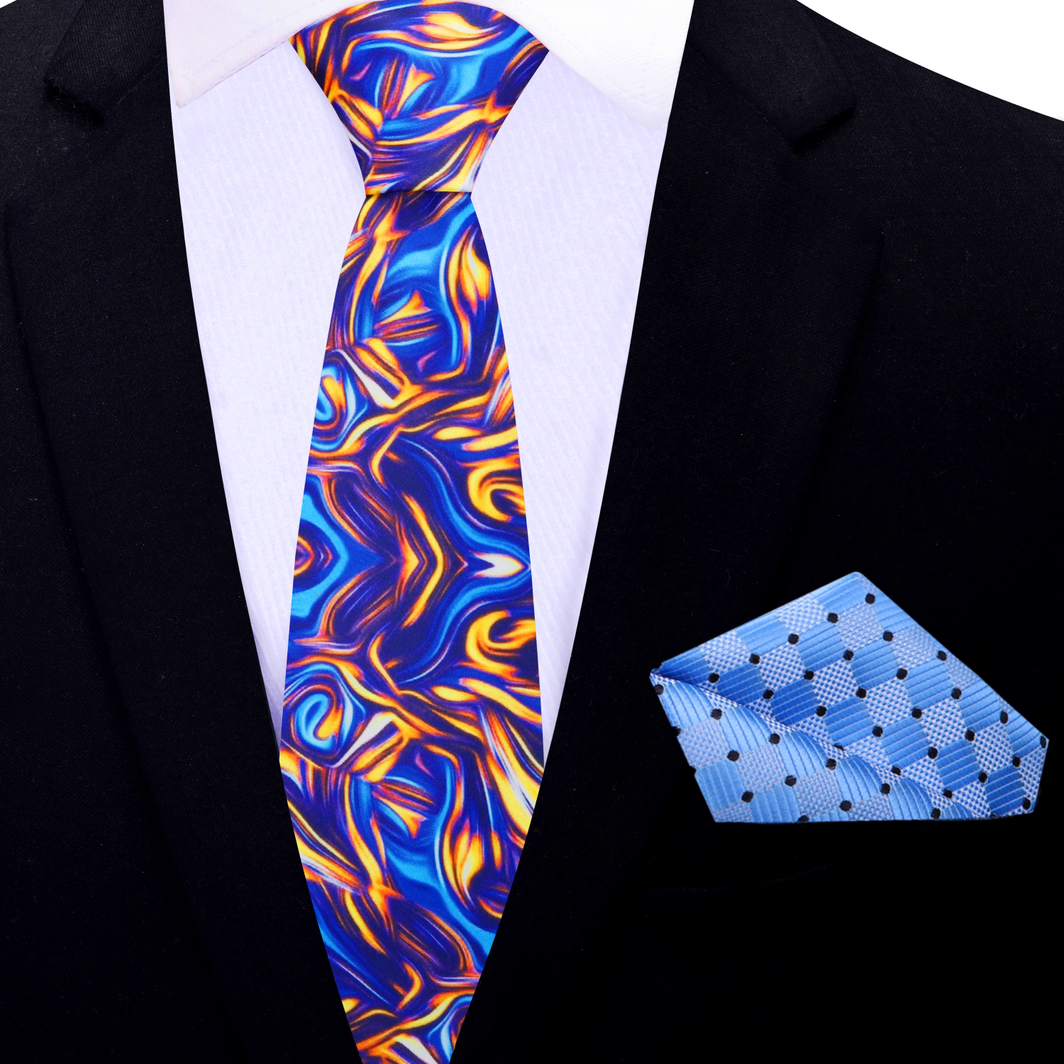 Blue and Gold Swirl Thin Tie and Accenting Blue Square