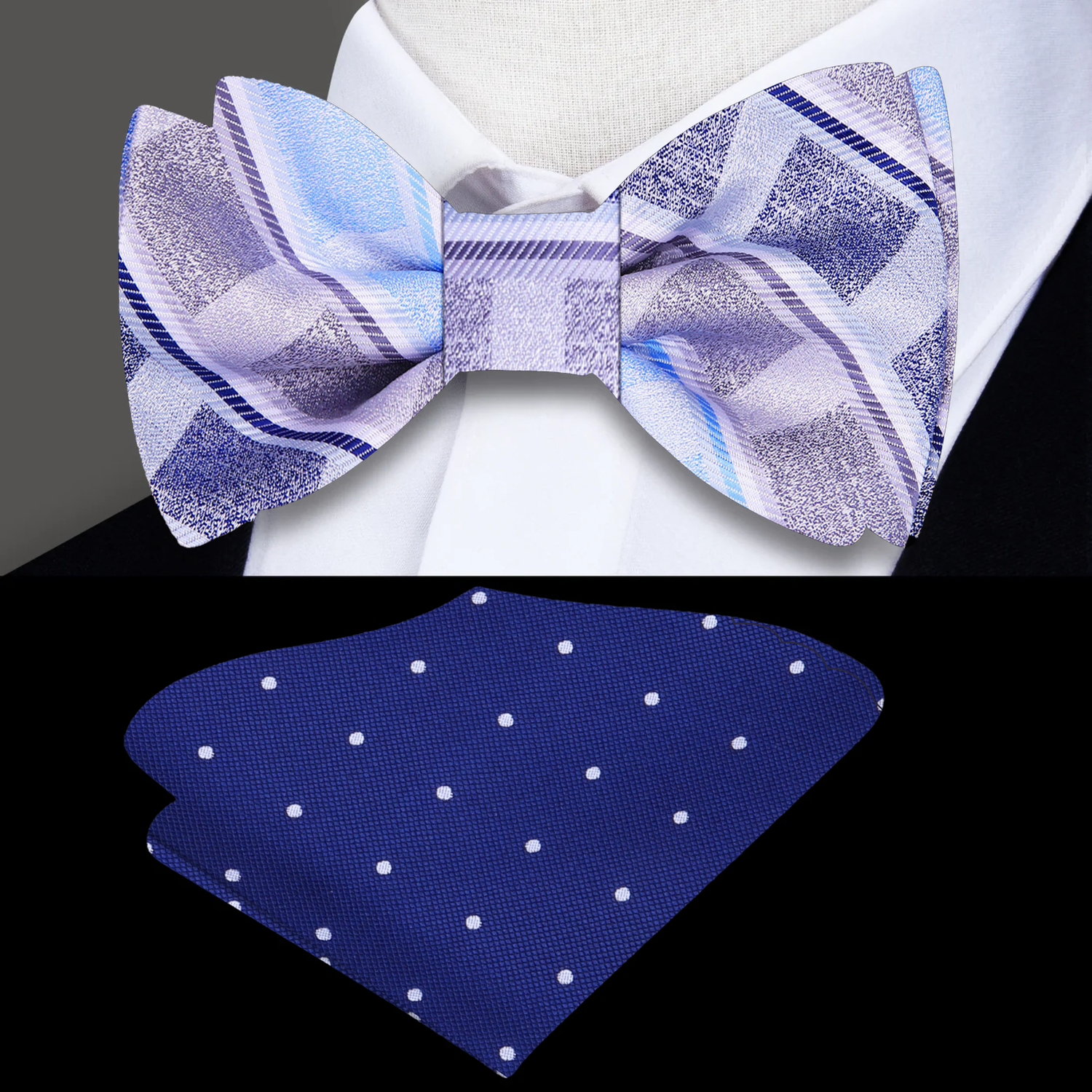 Plaid bow tie and blue pocket square with white polka dots on a mannequin.