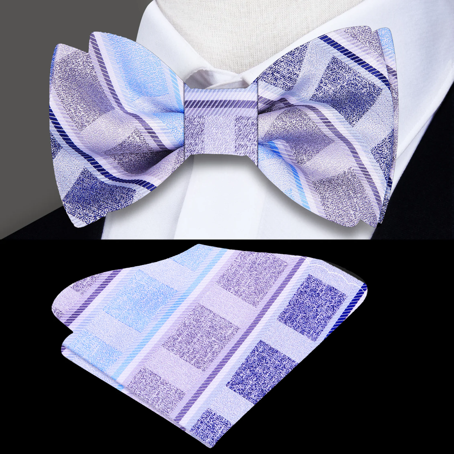 Plaid bow tie and matching pocket square set on a white background