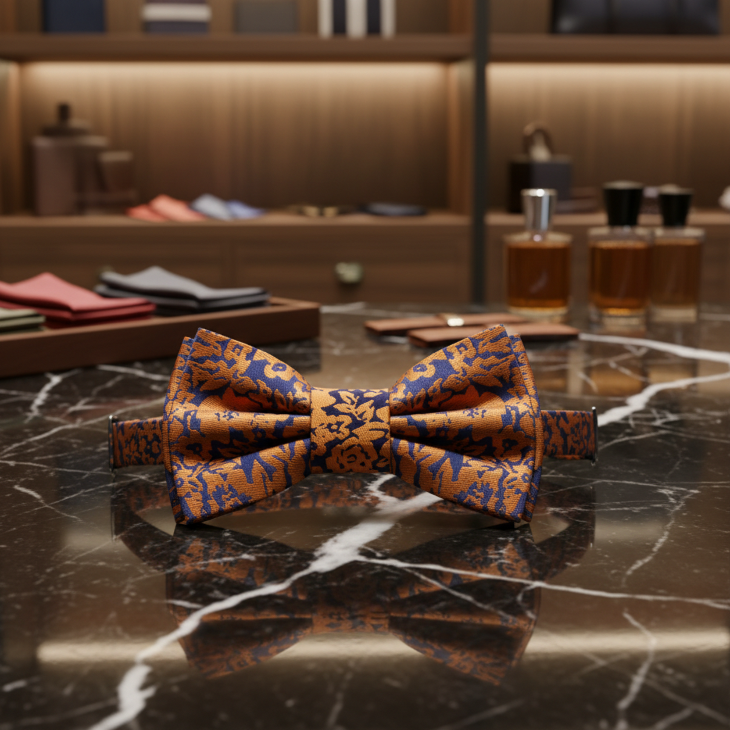 Blue with Rusted Orange Floral Bow Tie Pre Tied