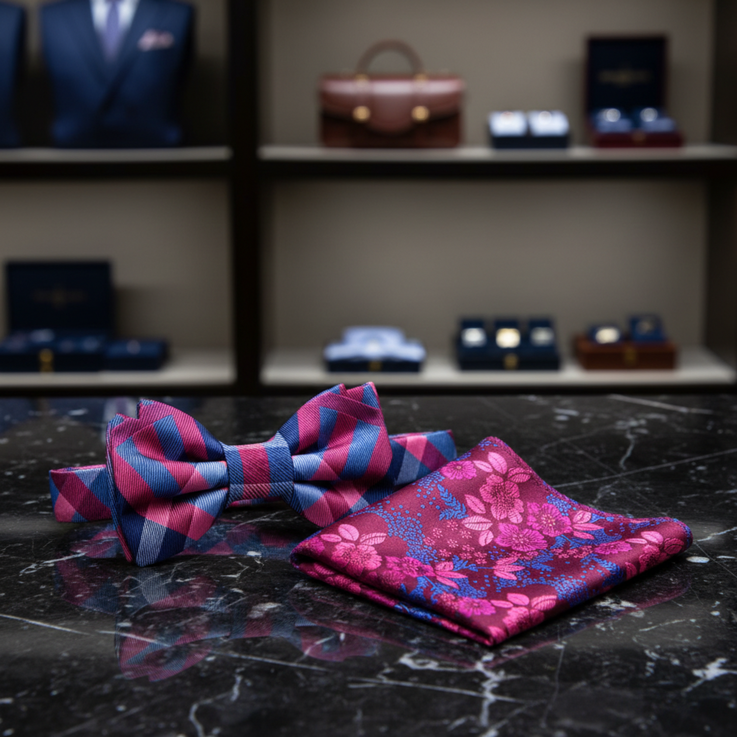A Pink, Blue Plaid Pattern Silk Self Tie Bow Tie and Accenting Floral Square