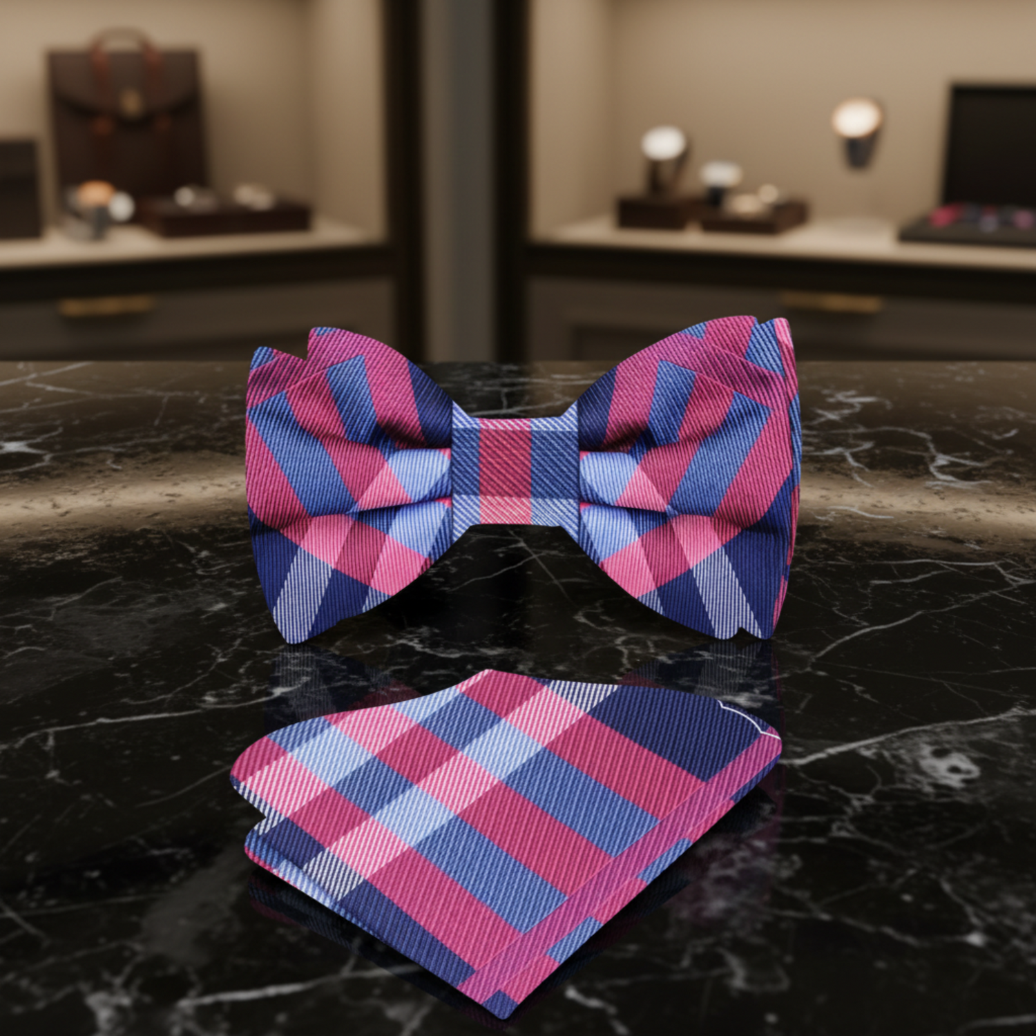 A Pink, Blue Plaid Pattern Self Tie Bow Tie and Square