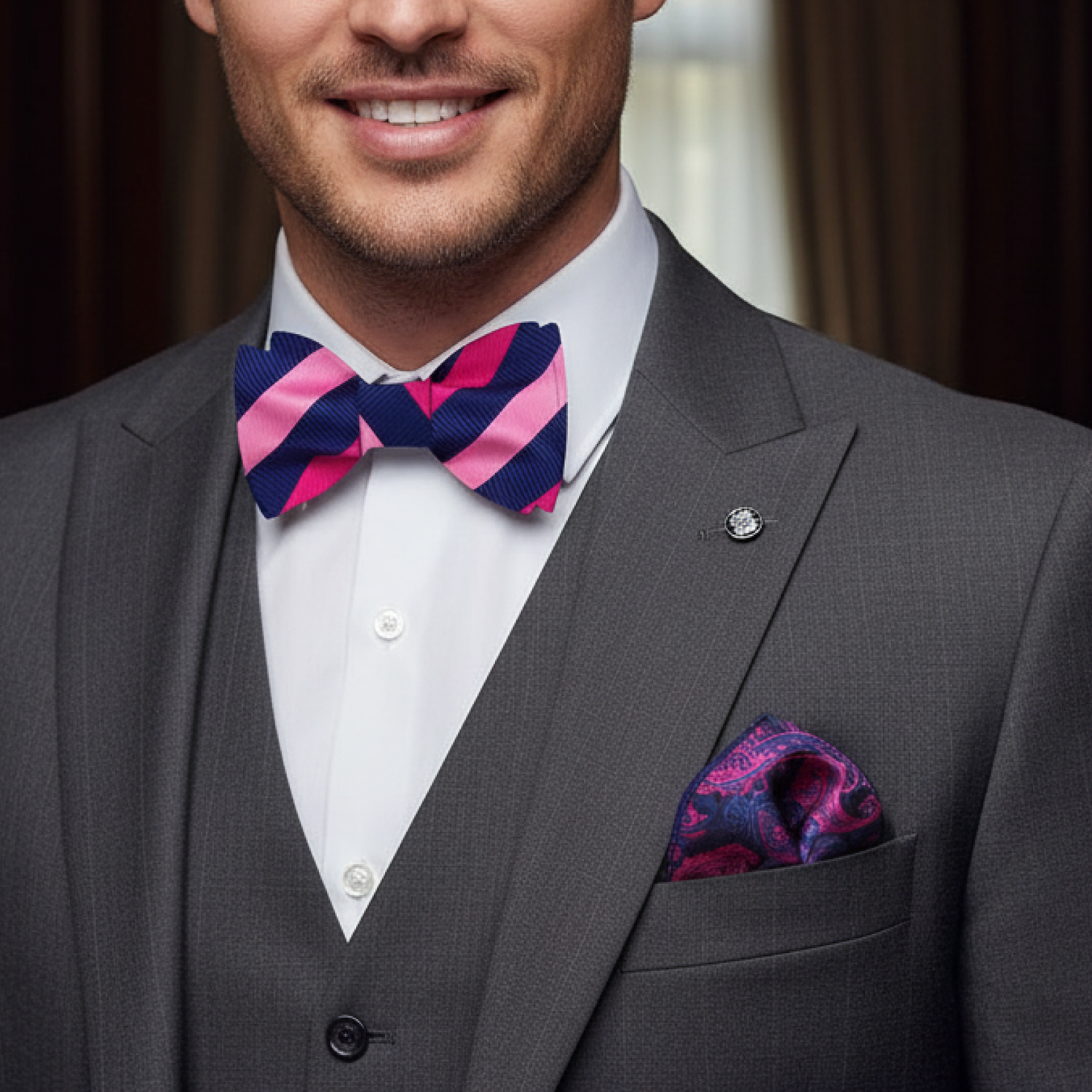 Man wearing a gray suit with a colorful bow tie and pocket square.