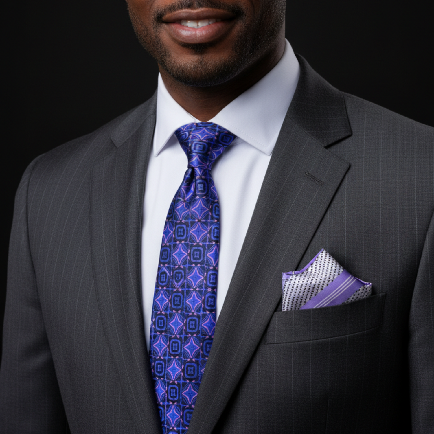 Blue, Black and Purple Tie and Accenting Square on man