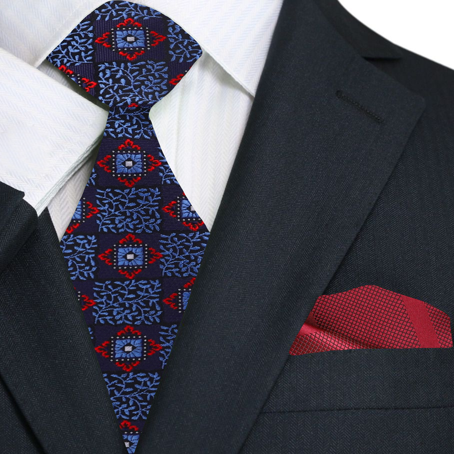 Blue, Red Geometric Burst Necktie and Red Pocket Square