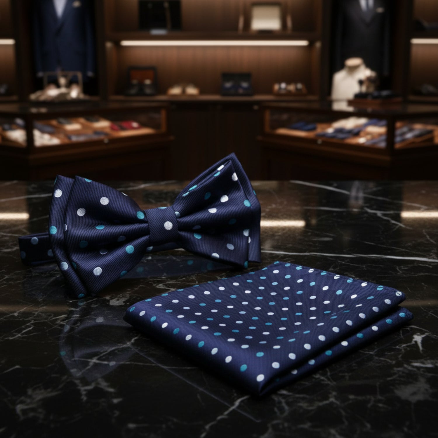 blue with white and light blue dots bow tie and square 2