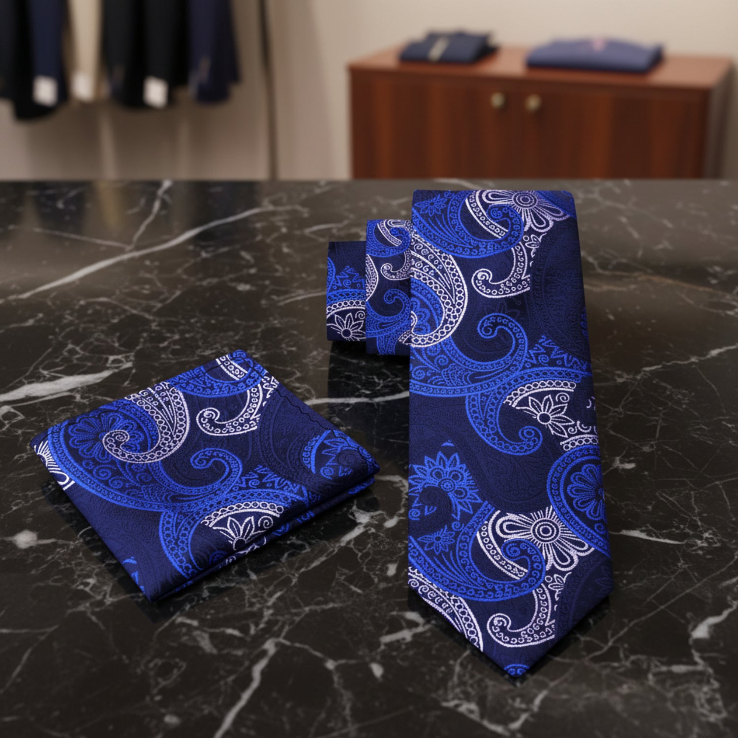 Alt View: Shades of Blue and White Paisley Necktie and Matching Square