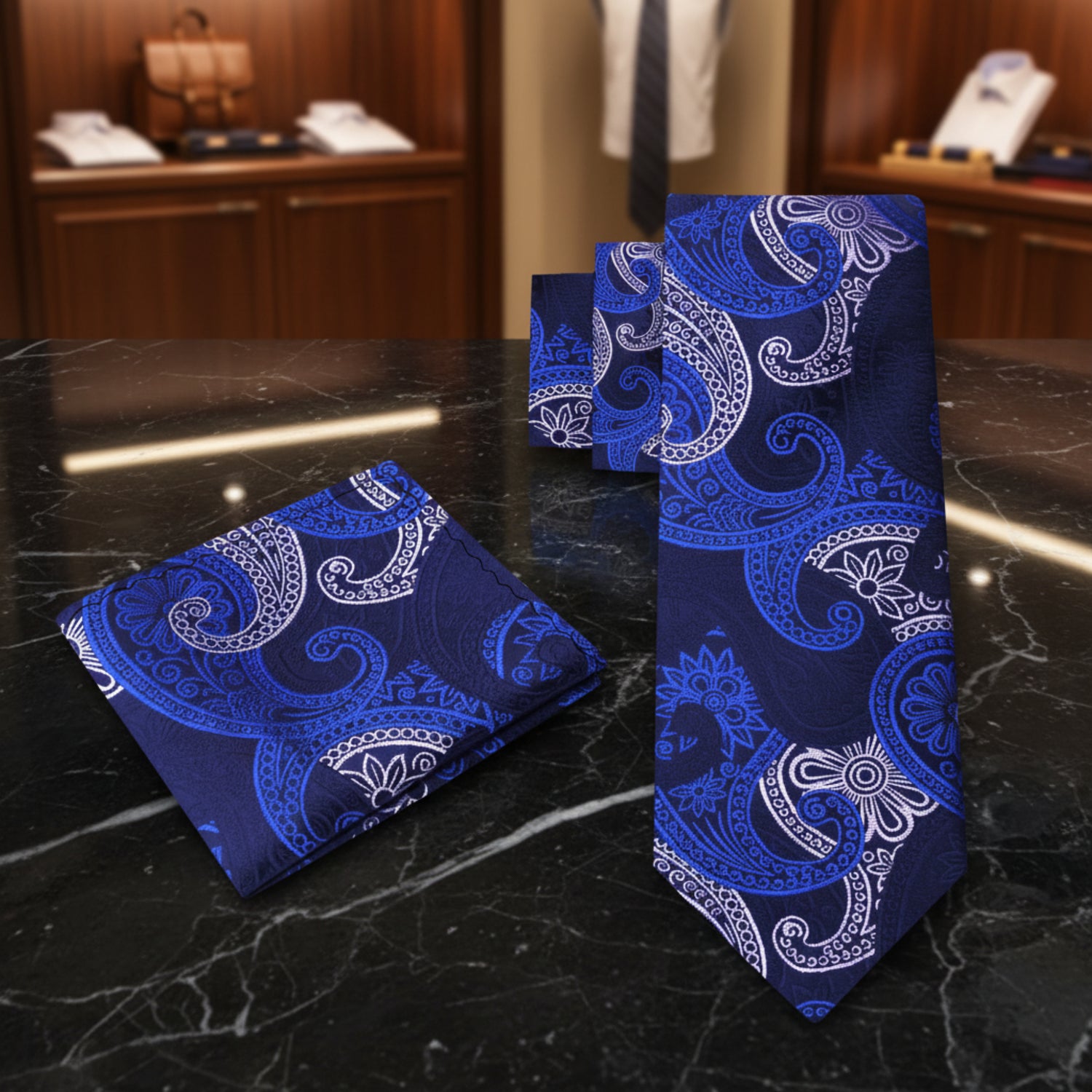A child's necktie and pocket square set in deep blue and white paisley pattern 2