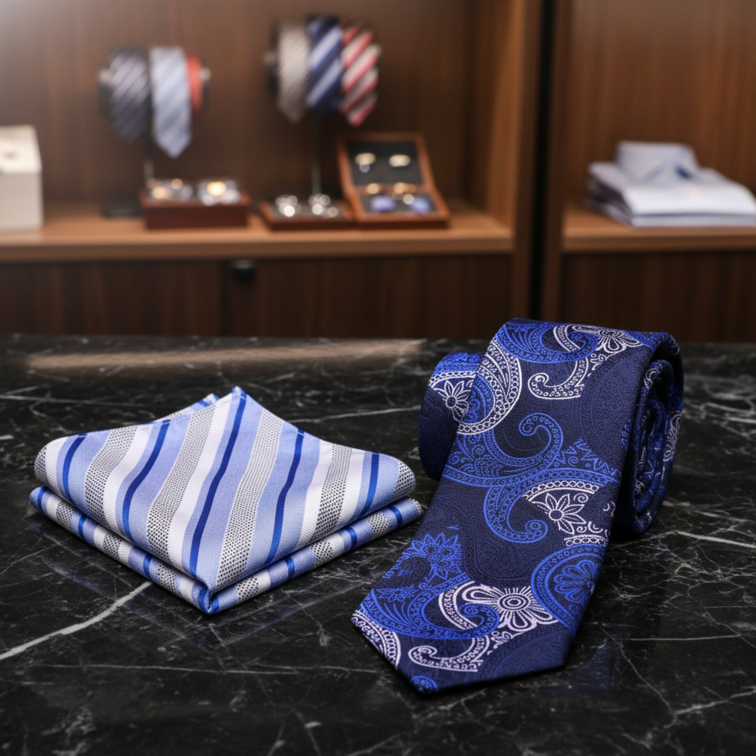Alt View: Shades of Blue and White Paisley Necktie and White, Blue Stripe Square
