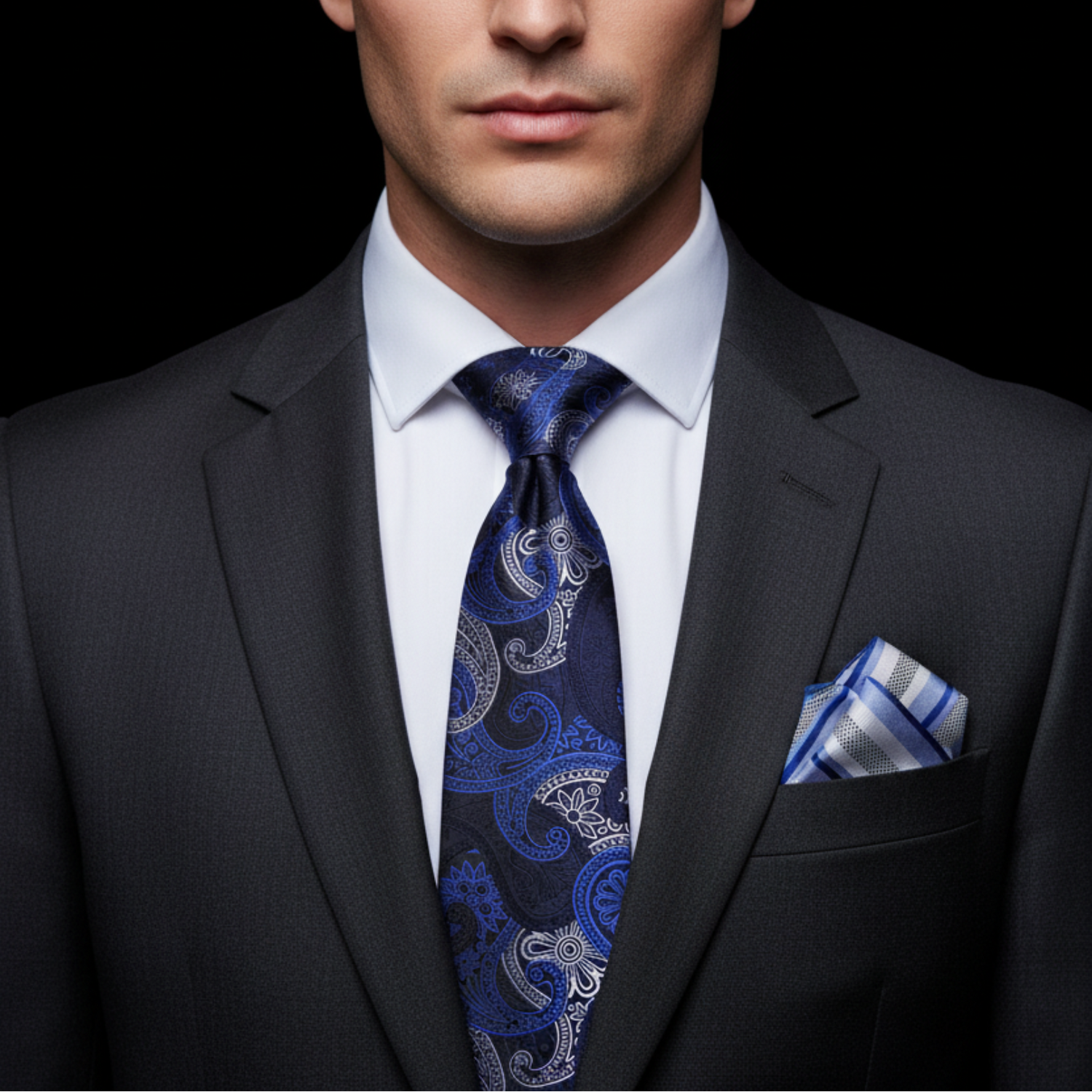 Man wearing a dark suit with a blue paisley tie and matching pocket square on a black background
