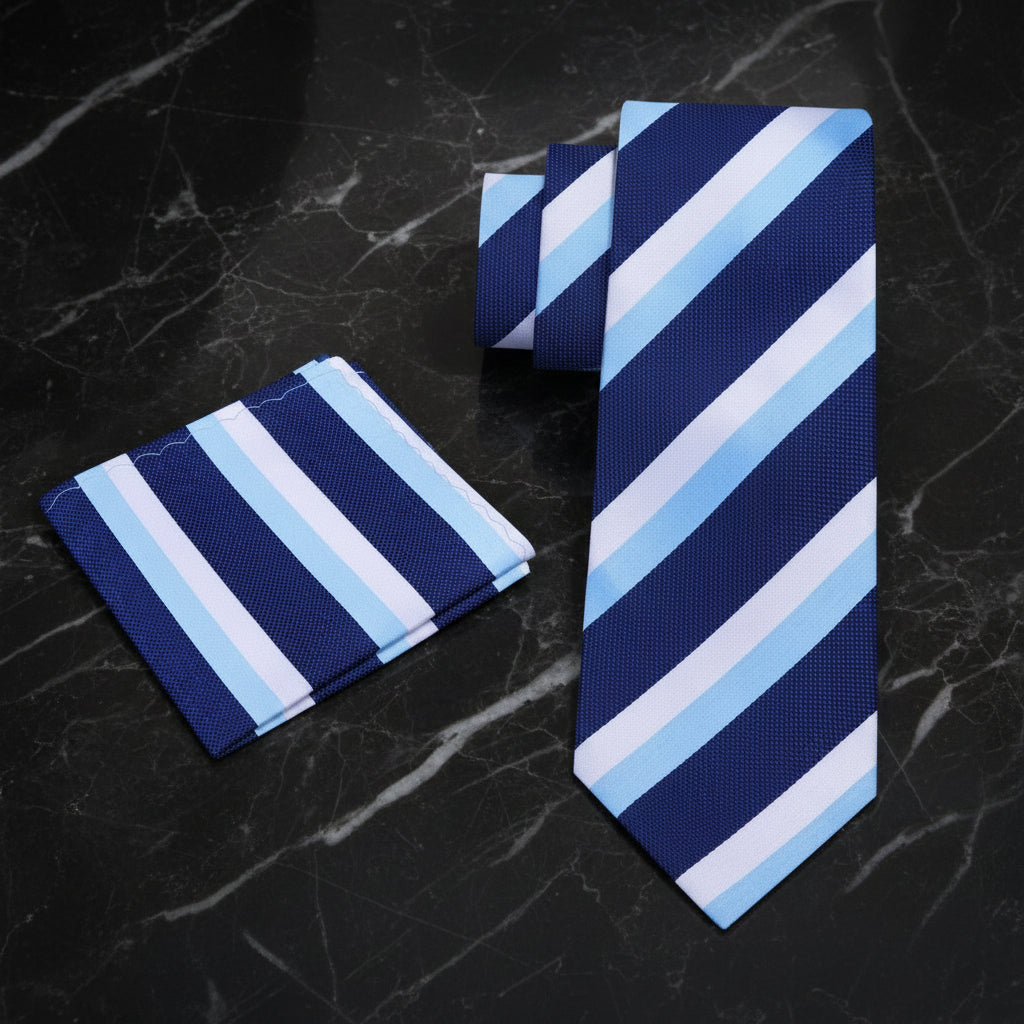 Blue and white Block Stripe Free Safety Necktie and Square