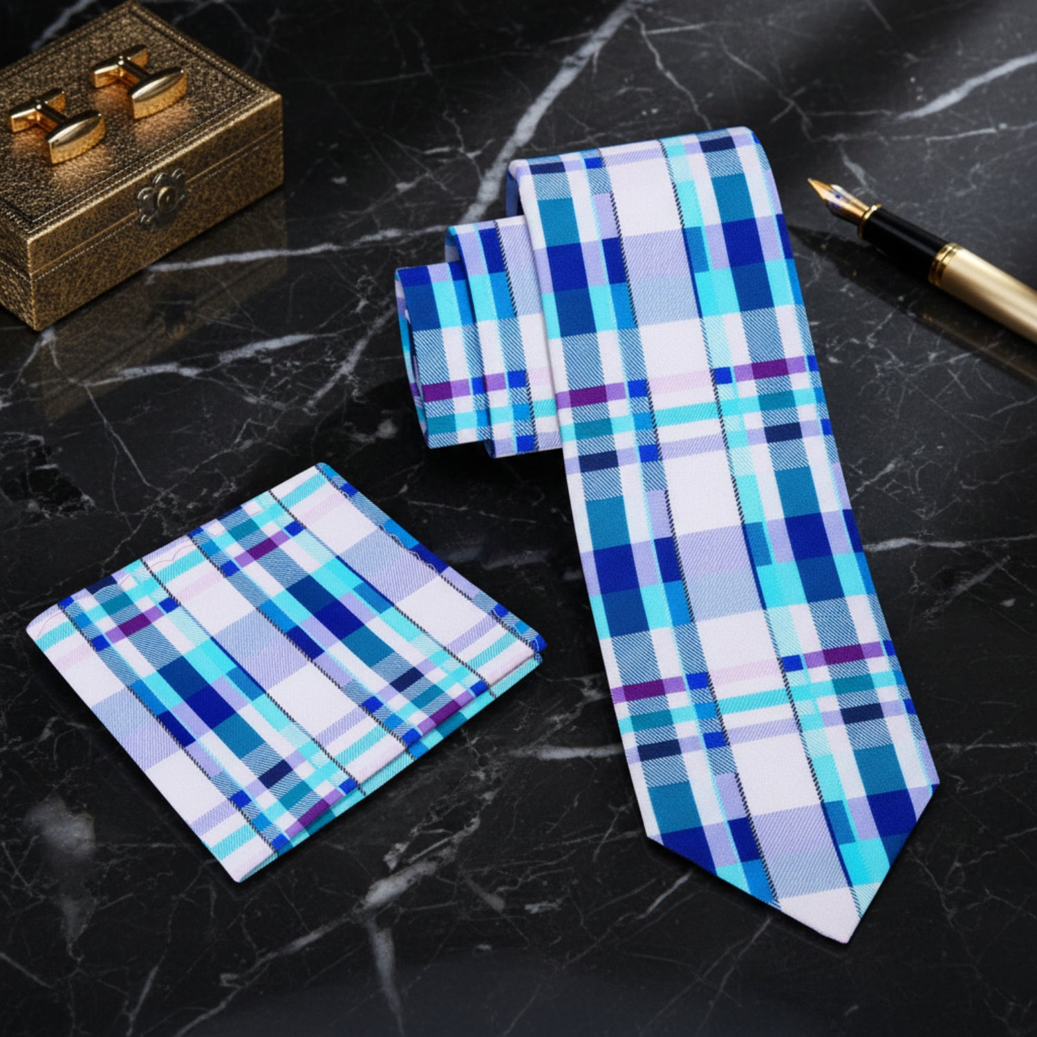 Alt view: Shades of Blue and Purple Plaid Tie and Pocket Square