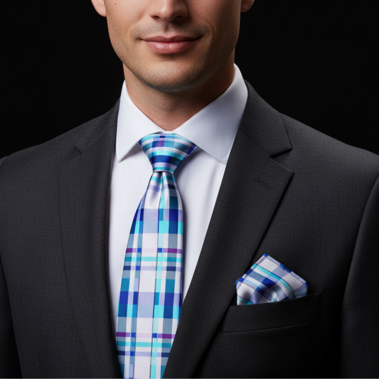 Light Blue Plaid Tie and Square on man