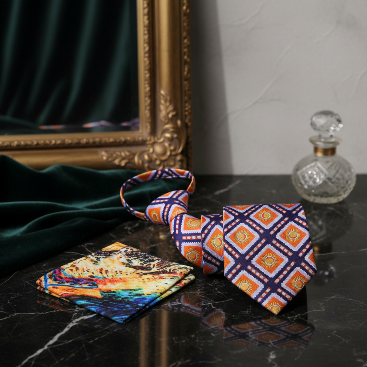 Zipper Blue and Orange Sunburst Tie and Accenting Square