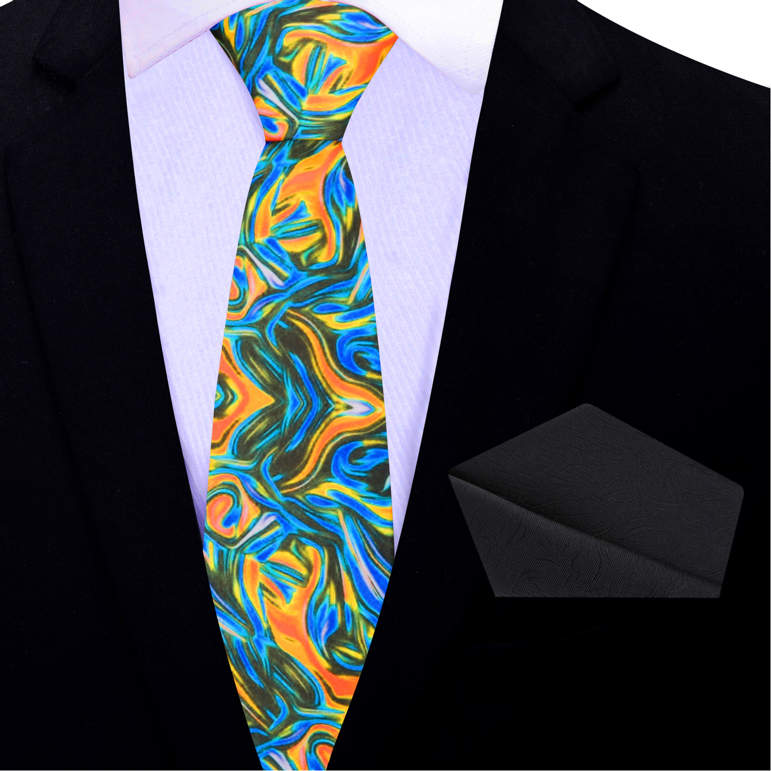 Colorful thin tie with abstract design on a black suit jacket