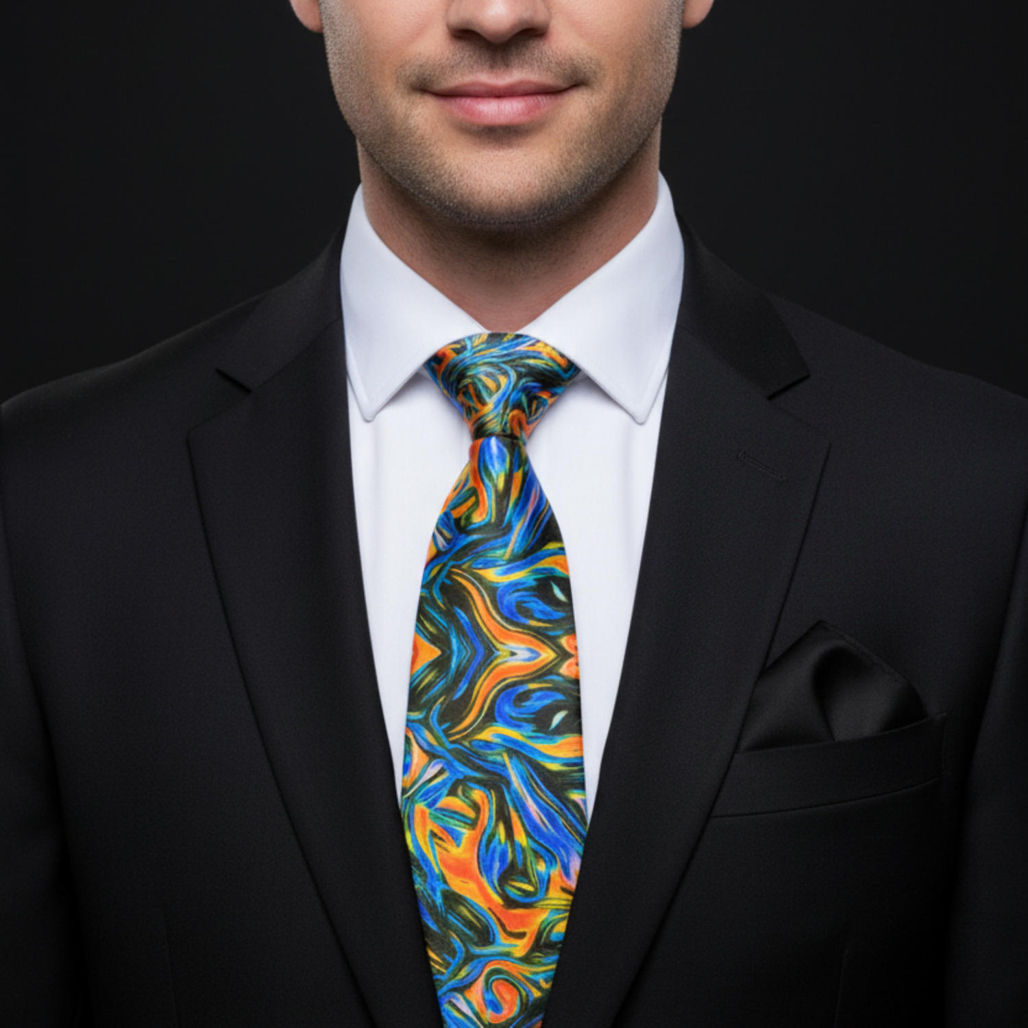 Man wearing a black suit with a Black, Blue, Orange and Yellow Abstract Tie  against a black background