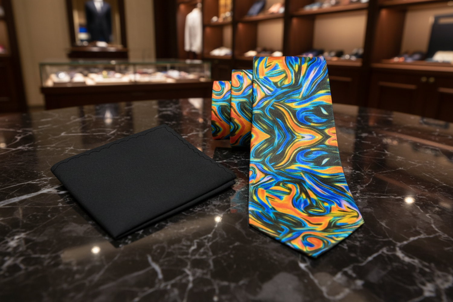 Black, Blue, Orange and Yellow Abstract Tie and black square on marble