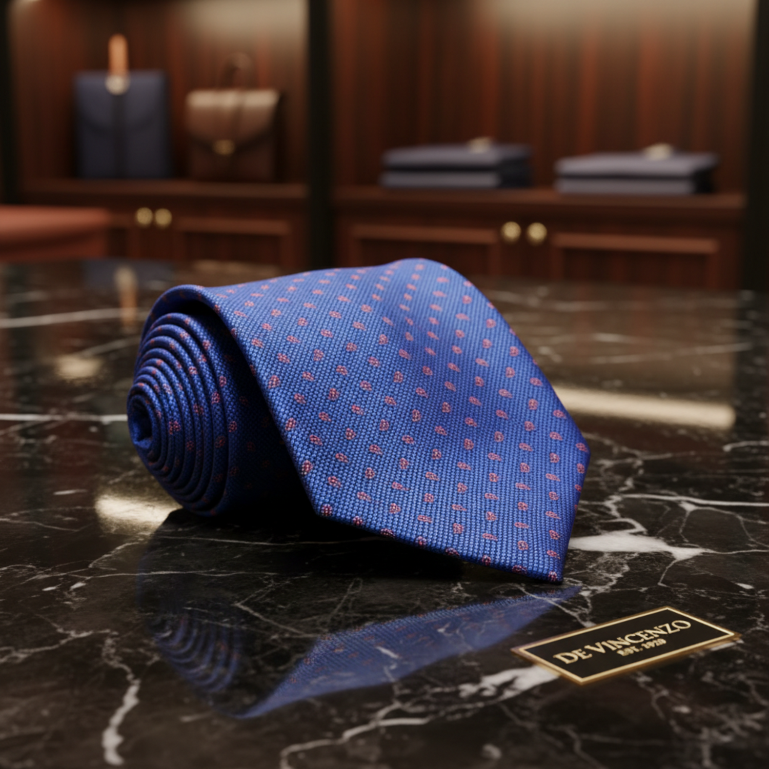 Rolled blue tie with small patterns on a dark marble surface