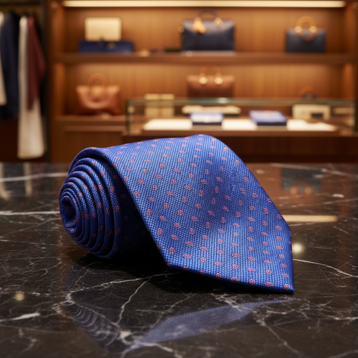 Rolled-up blue tie with a subtle pattern on a white background