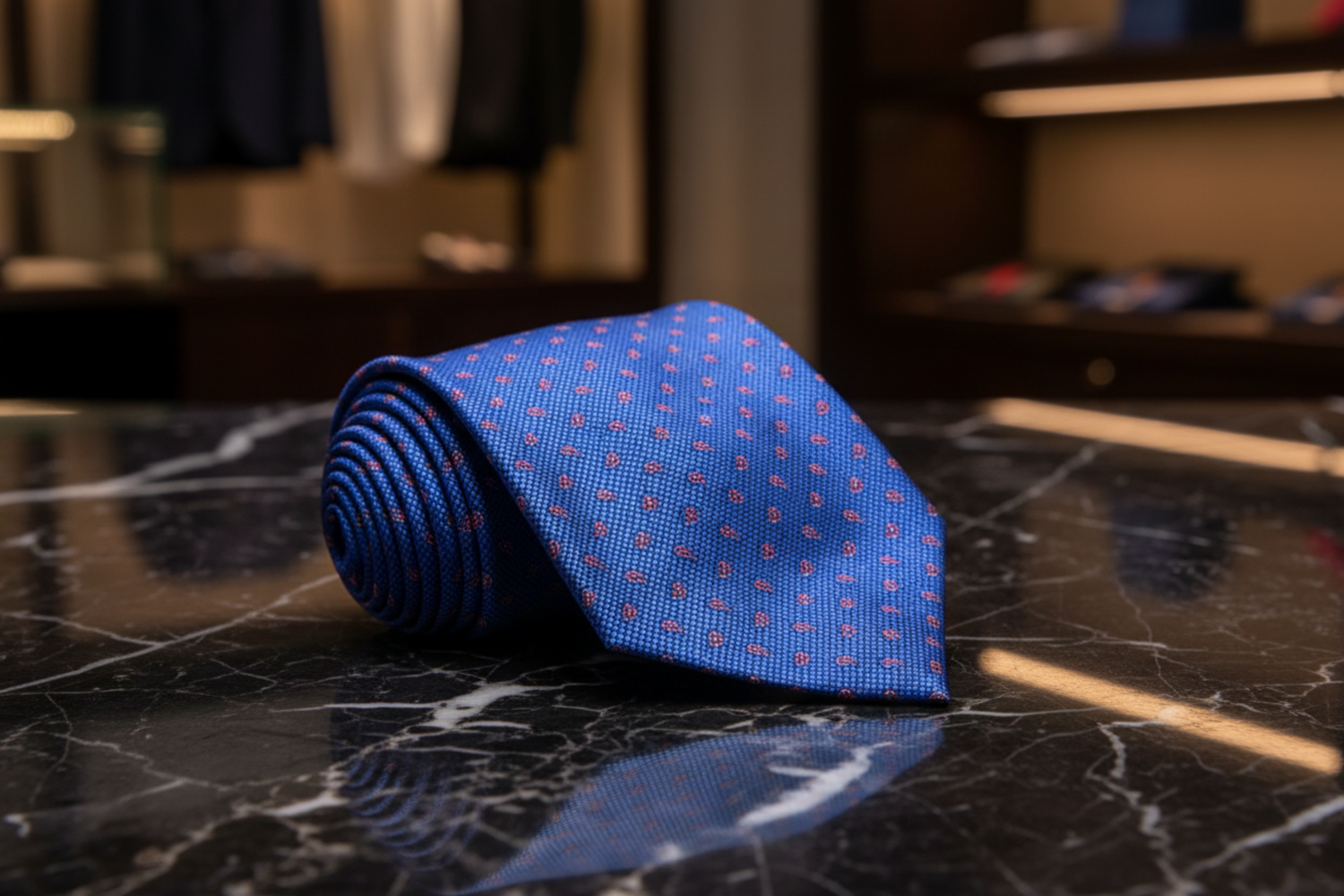 Blue tie with red dots on a marble surface