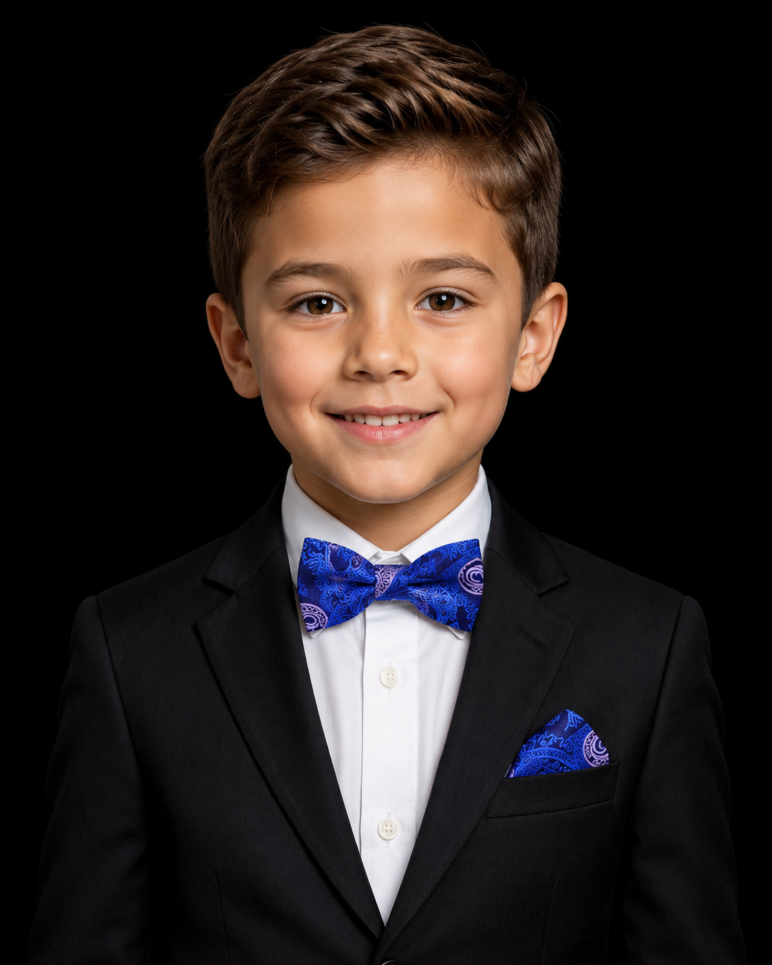Blue paisley bow tie and square on boy